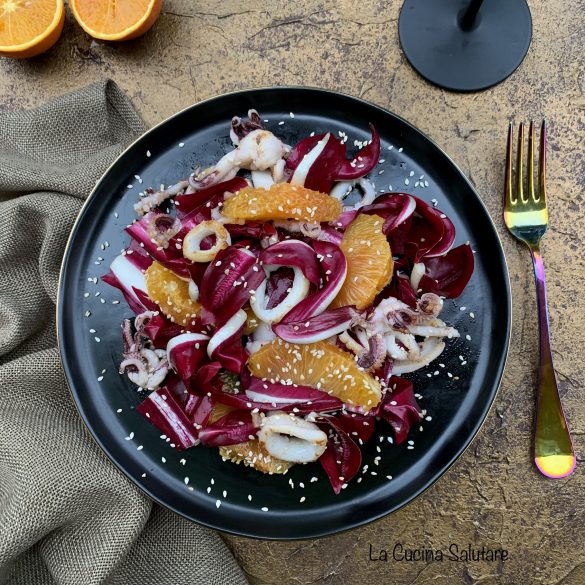 insalata di radicchio tardivo, calamari e arancia insalata di mare con agrumi